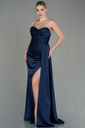 Длинное Атласное Выпускное Платье Темно-синий ABU2965