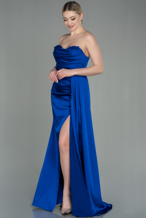 Длинное Атласное Выпускное Платье Ярко-синий ABU2965