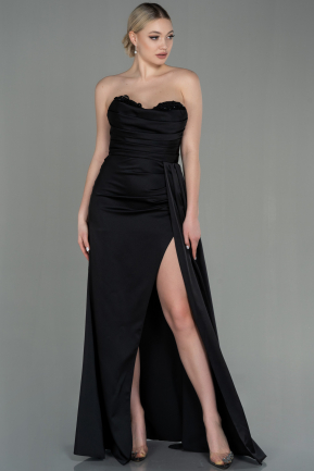 Длинное Атласное Выпускное Платье Черный ABU2965
