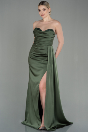 Длинное Атласное Выпускное Платье Темно-зеленый ABU2965