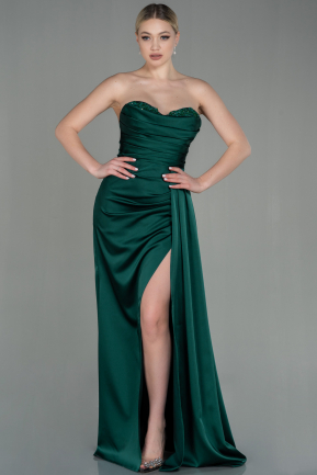 Длинное Атласное Выпускное Платье Изумрудно-зеленый ABU2965