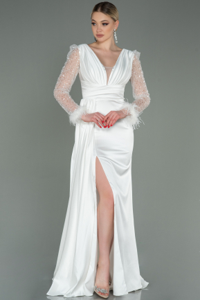 Длинное Атласное Вечернее Платье Белый ABU3080