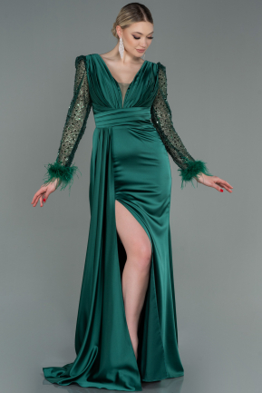 Длинное Атласное Вечернее Платье Изумрудно-зеленый ABU3080