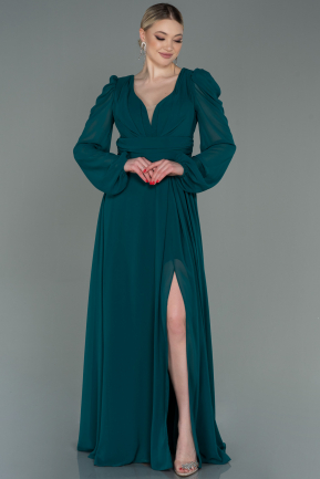 Длинное Шифоновое Вечернее Платье Изумрудно-зеленый ABU3085