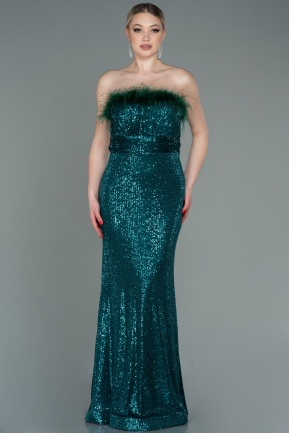 Длинное Чешуйчатое Вечернее Платье Изумрудно-зеленый ABU3067