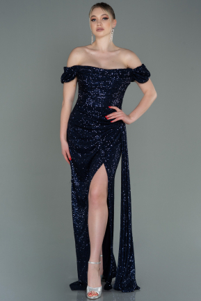 Длинное Чешуйчатое Вечернее Платье Темно-синий ABU2987