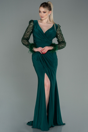 Длинное Вечернее Платье Изумрудно-зеленый ABU3008