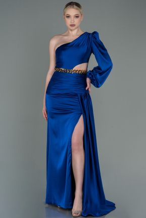 Длинное Атласное Выпускное Платье Ярко-синий ABU2625