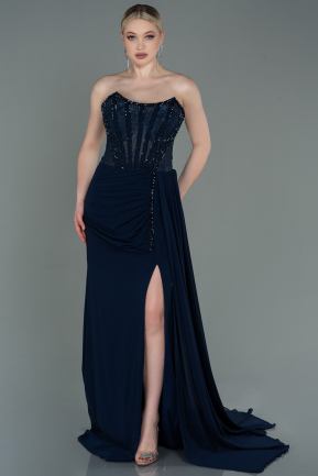 Длинное Шифоновое Вечернее Платье Темно-синий ABU3145