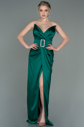 Длинное Атласное Вечернее Платье Изумрудно-зеленый ABU2844