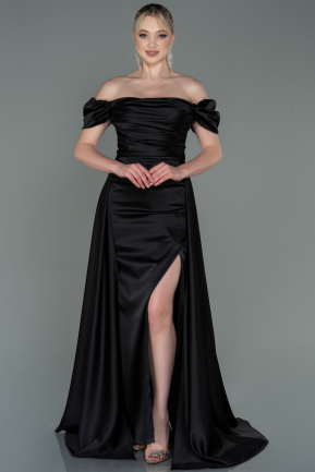 Длинное Атласное Вечернее Платье Черный ABU2903