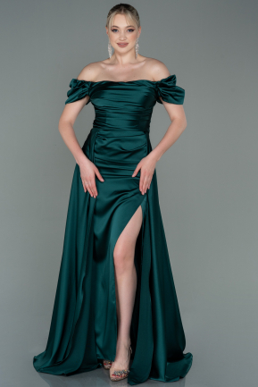 Длинное Атласное Вечернее Платье Изумрудно-зеленый ABU2903
