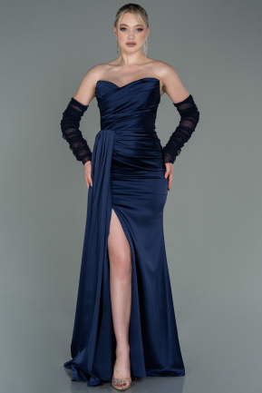 Длинное Атласное Вечернее Платье Темно-синий ABU3175