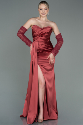 Длинное Атласное Вечернее Платье Цвет корицы ABU3175
