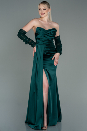 Длинное Атласное Вечернее Платье Изумрудно-зеленый ABU3175