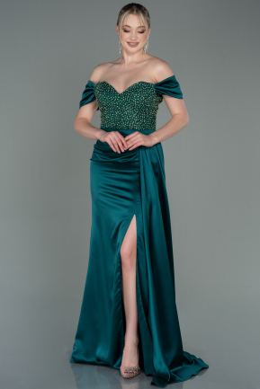 Длинное Атласное Вечернее Платье Изумрудно-зеленый ABU3187