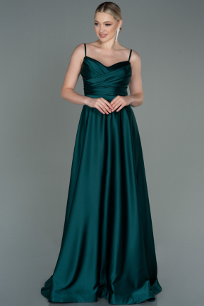 Длинное Атласное Вечернее Платье Изумрудно-зеленый ABU1601