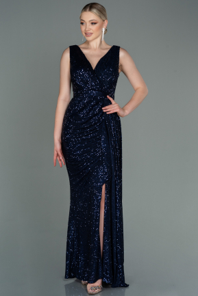 Длинное Чешуйчатое Вечернее Платье Темно-синий ABU3201