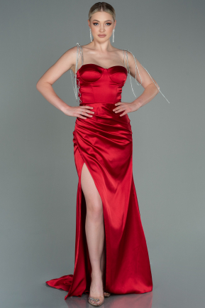 Длинное Атласное Выпускное Платье красный ABU3198