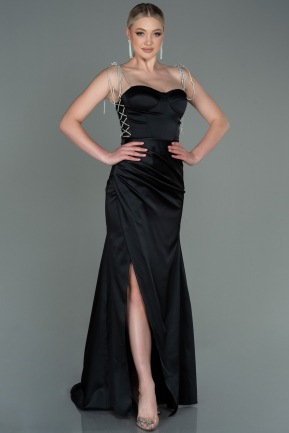 Длинное Атласное Выпускное Платье Черный ABU3198