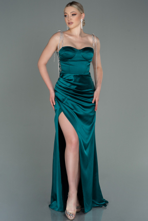 Длинное Атласное Выпускное Платье Изумрудно-зеленый ABU3198