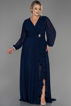 Длинное Шифоновое Вечернее Платье Темно-синий ABU3222