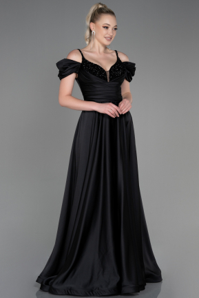 Длинное Атласное Вечернее Платье Черный ABU3226
