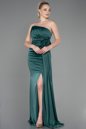 Длинное Атласное Вечернее Платье Изумрудно-зеленый ABU3234