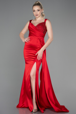 Длинное Атласное Вечернее Платье красный ABU3235
