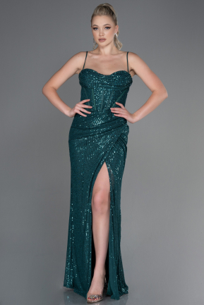 Длинное Чешуйчатое Вечернее Платье Изумрудно-зеленый ABU3246