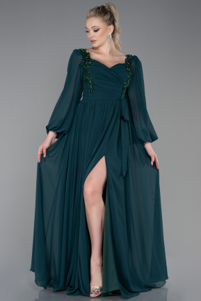 Длинное Шифоновое Вечернее Платье Изумрудно-зеленый ABU3243