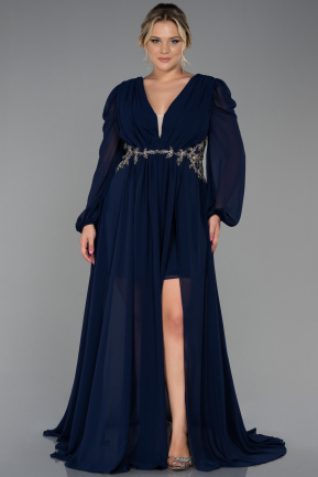 Длинное Шифоновое Вечернее Платье Темно-синий ABU3256