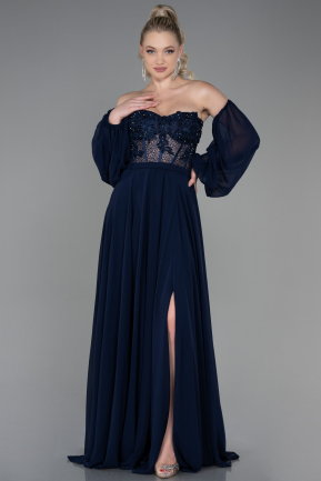 Длинное Шифоновое Вечернее Платье Темно-синий ABU3897