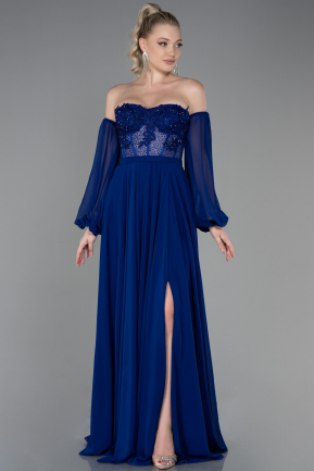 Длинное Шифоновое Вечернее Платье Ярко-синий ABU3820