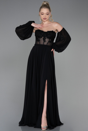 Длинное Шифоновое Вечернее Платье Черный ABU3897