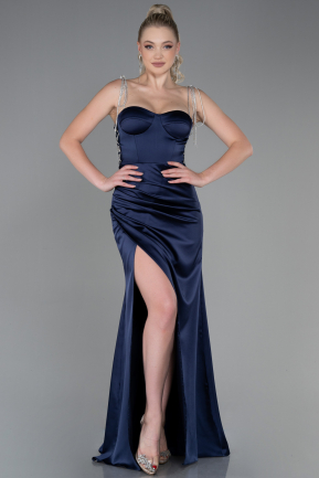 Длинное Атласное Выпускное Платье Темно-синий ABU3198