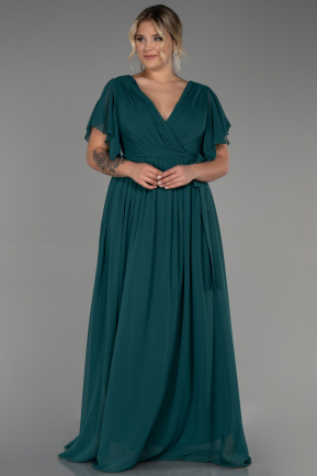 Длинное Шифоновое Вечернее Платье Изумрудно-зеленый ABU3276