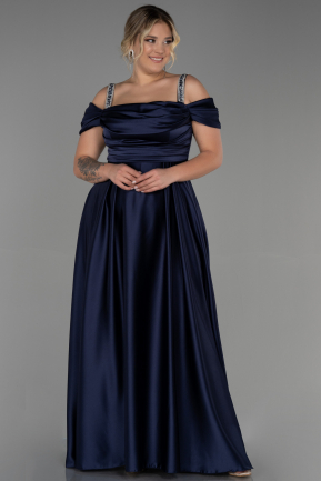 Большое Атласное Платье Темно-синий ABU3277