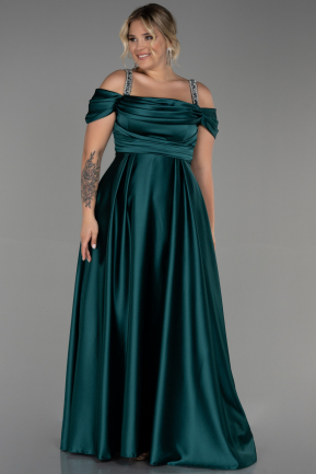 Большое Атласное Платье Изумрудно-зеленый ABU3277