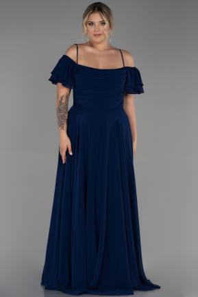 Длинное Шифоновое Вечернее Платье Темно-синий ABU3259