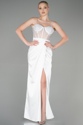 Длинное Атласное Вечернее Платье Белый ABU3312