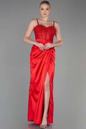 Длинное Атласное Вечернее Платье красный ABU3312
