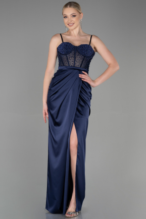 Длинное Атласное Вечернее Платье Темно-синий ABU3312
