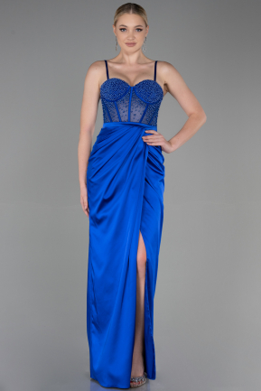 Длинное Атласное Вечернее Платье Ярко-синий ABU3312