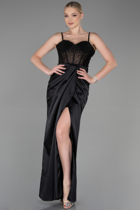 Длинное Атласное Вечернее Платье Черный ABU3312