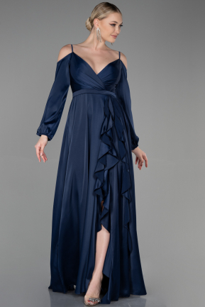 Длинное Атласное Вечернее Платье Темно-синий ABU2339