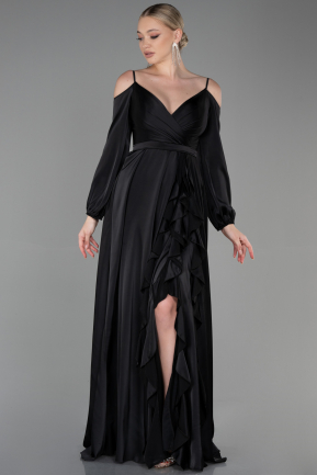 Длинное Атласное Вечернее Платье Черный ABU2339