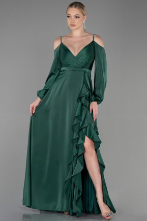Длинное Атласное Вечернее Платье Изумрудно-зеленый ABU2339