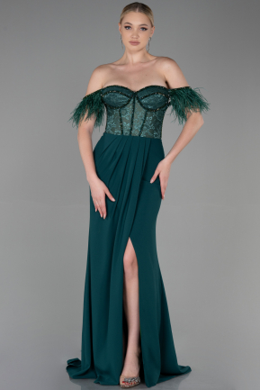 Длинное Вечернее Платье Из Кружева Изумрудно-зеленый ABU3263