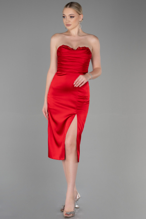 Миди Атласное Пригласительное Платье красный ABK1845
